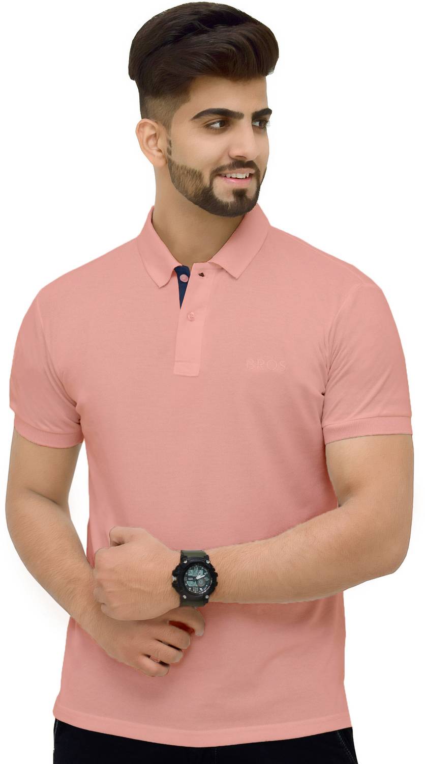 3BROS Men Solid Polo Neck Cotton Blend Pink T-Shirt
