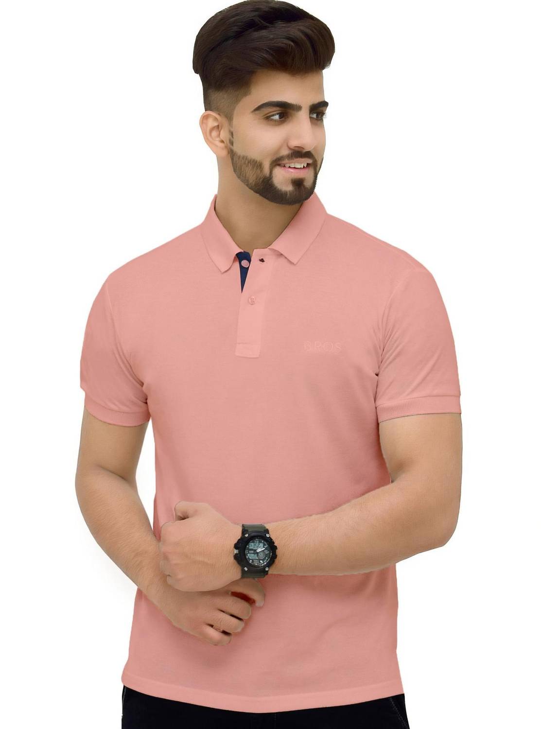 3BROS Solid Men Polo Neck Pink T-Shirt