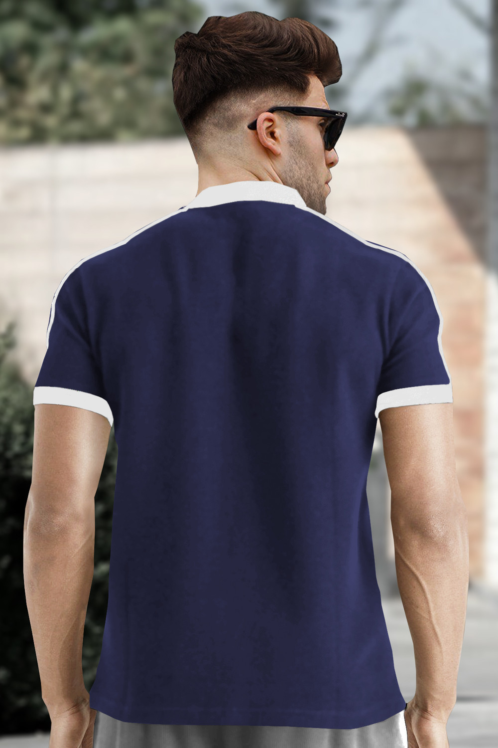 Image of TRIPR Solid Men Mandarin Collar Navy Blue T-Shirt