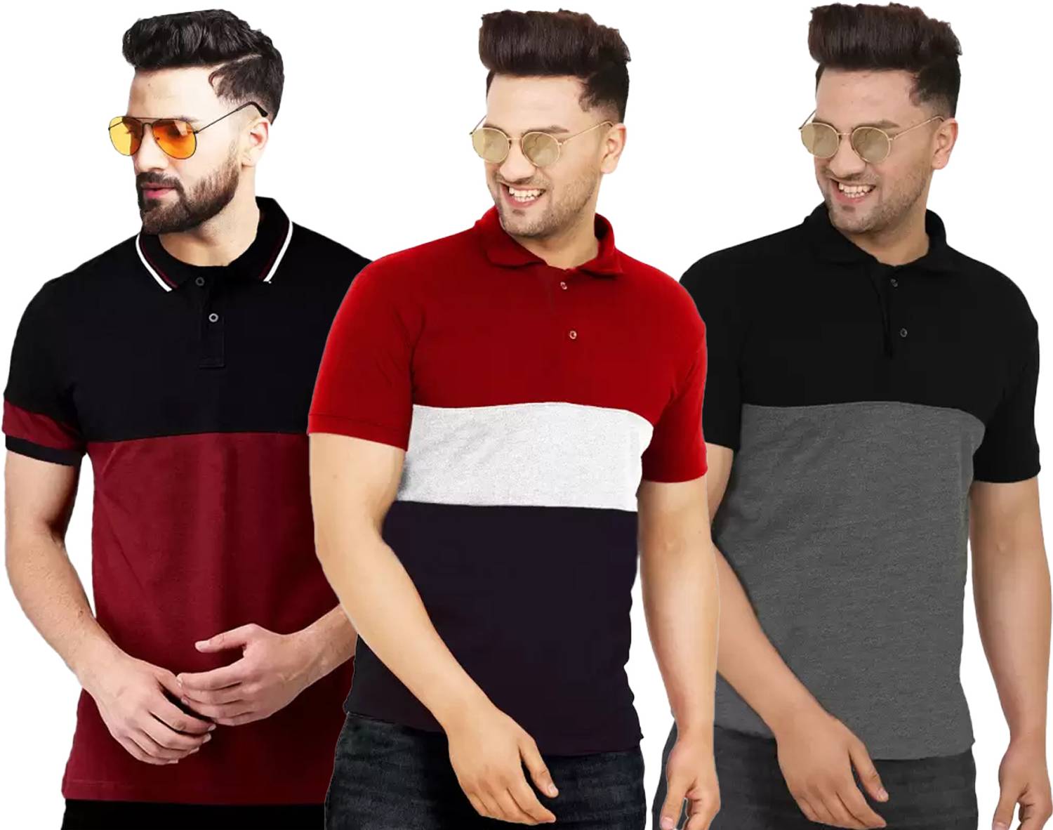 Leotude Men Colorblock Polo Neck Cotton Blend Multicolor T-Shirt