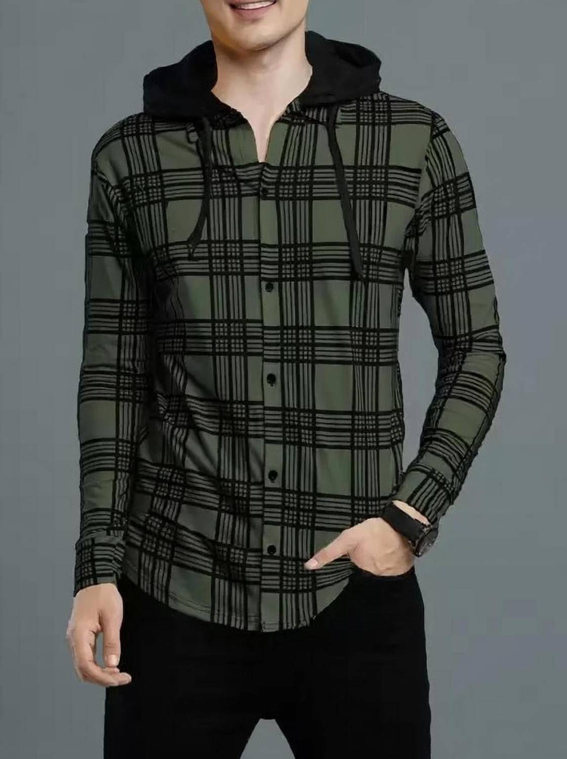 Try This Checkered Men Hooded Neck Green T-Shirt