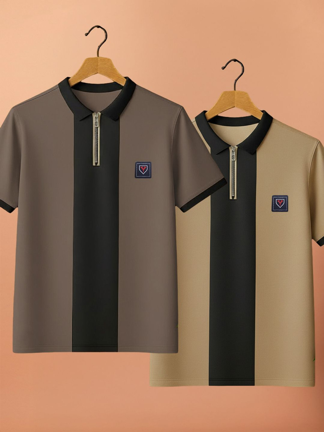 Image of Yazole Self Design Men Zip Neck Brown, Beige T-Shirt