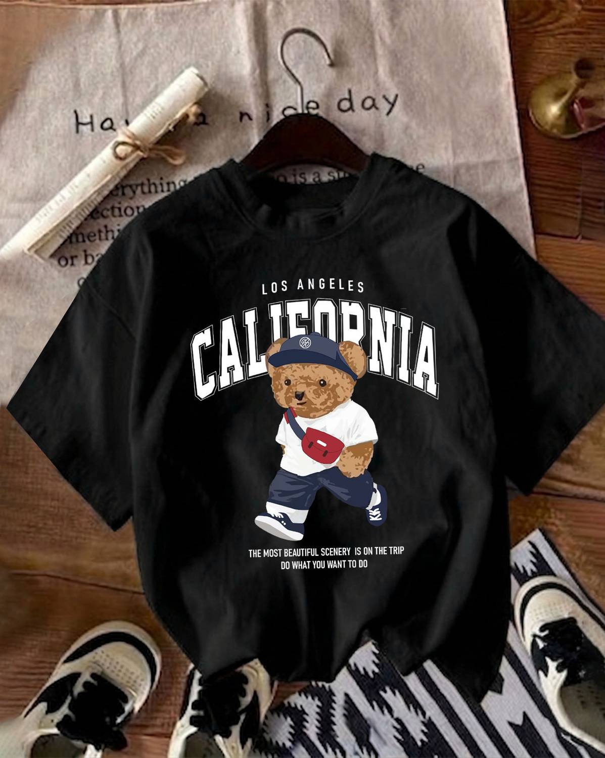 AOOSH Graphic Print Women Round Neck Black T-Shirt