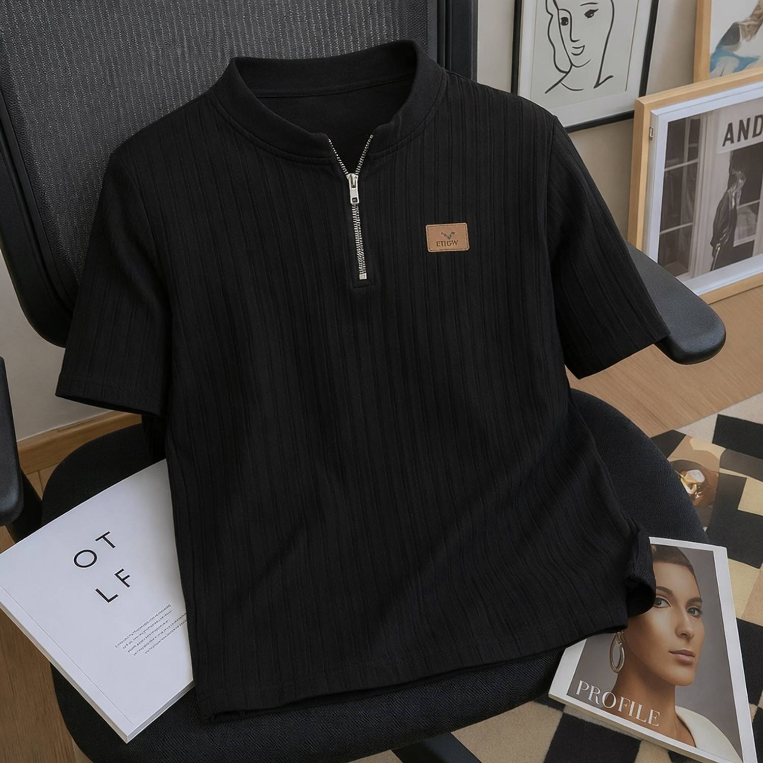 METRONAUT Black Mandarin Collar T-Shirt - Image 1