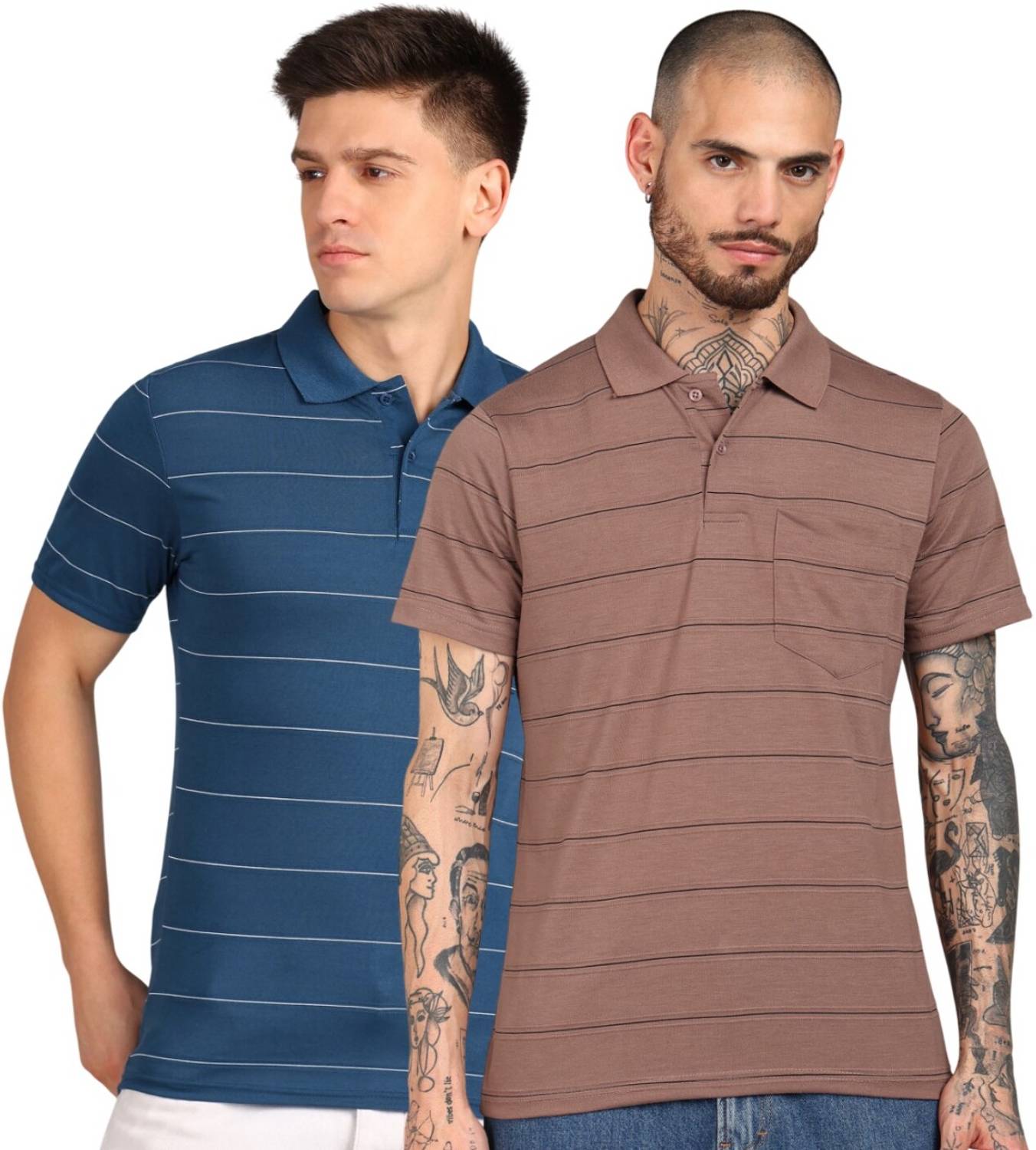 INKKR Pack of 2 Men Striped Polo Neck Cotton Blend Multicolor T-S