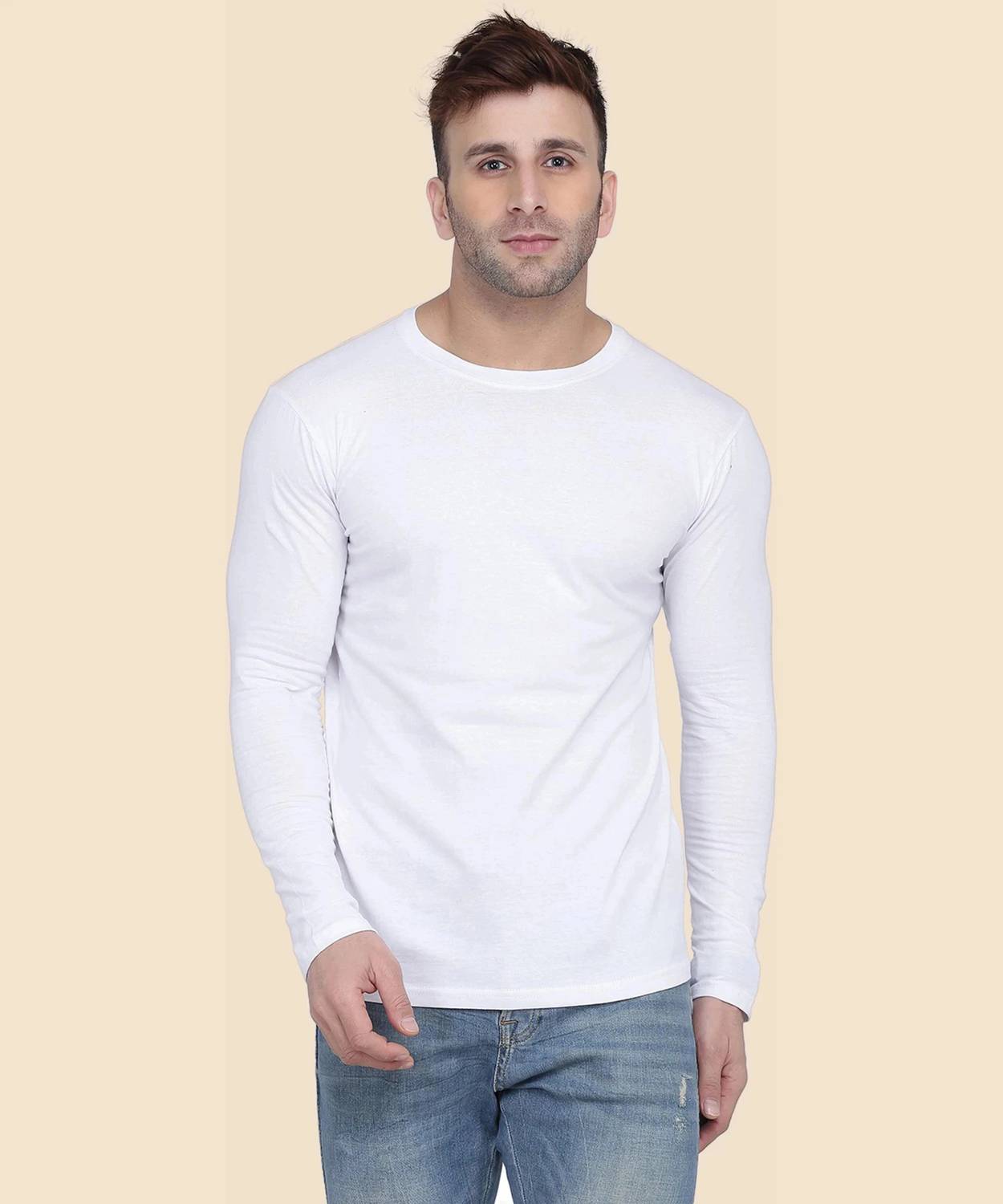 Kroptee Men Solid Round Neck Cotton Blend White T-Shirt