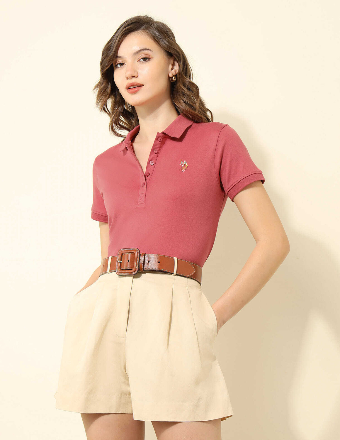 Image of U.S. POLO ASSN. Solid Women Polo Neck Pink T-Shirt
