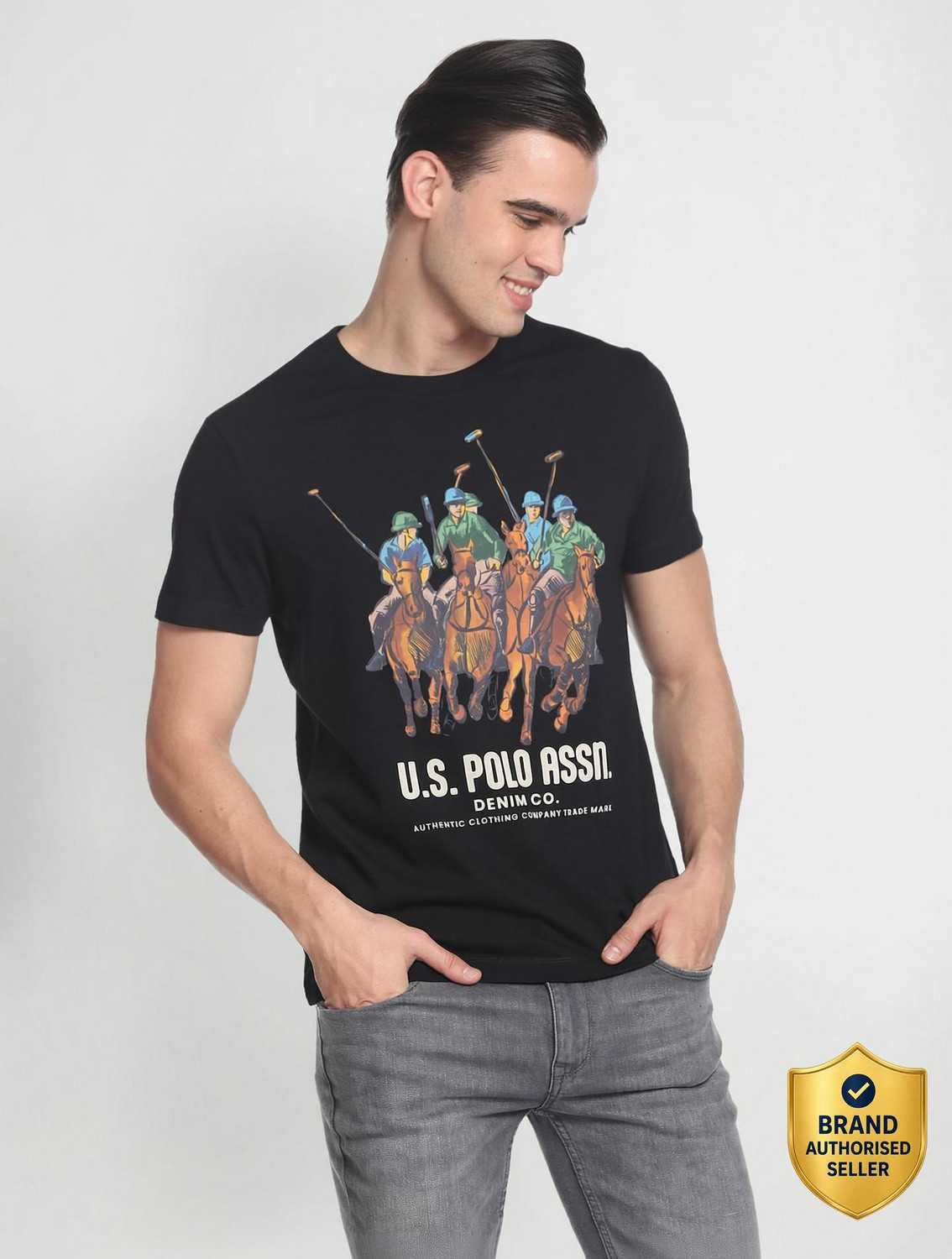 Image of U.S. POLO ASSN. Printed, Typography Men Round Neck Black T-Shirt