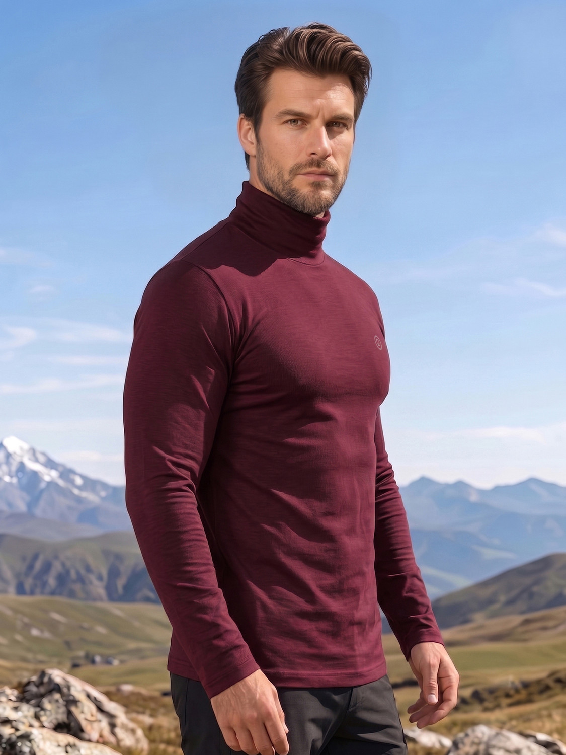 Image of CHKOKKO Solid Men High Neck Purple T-Shirt