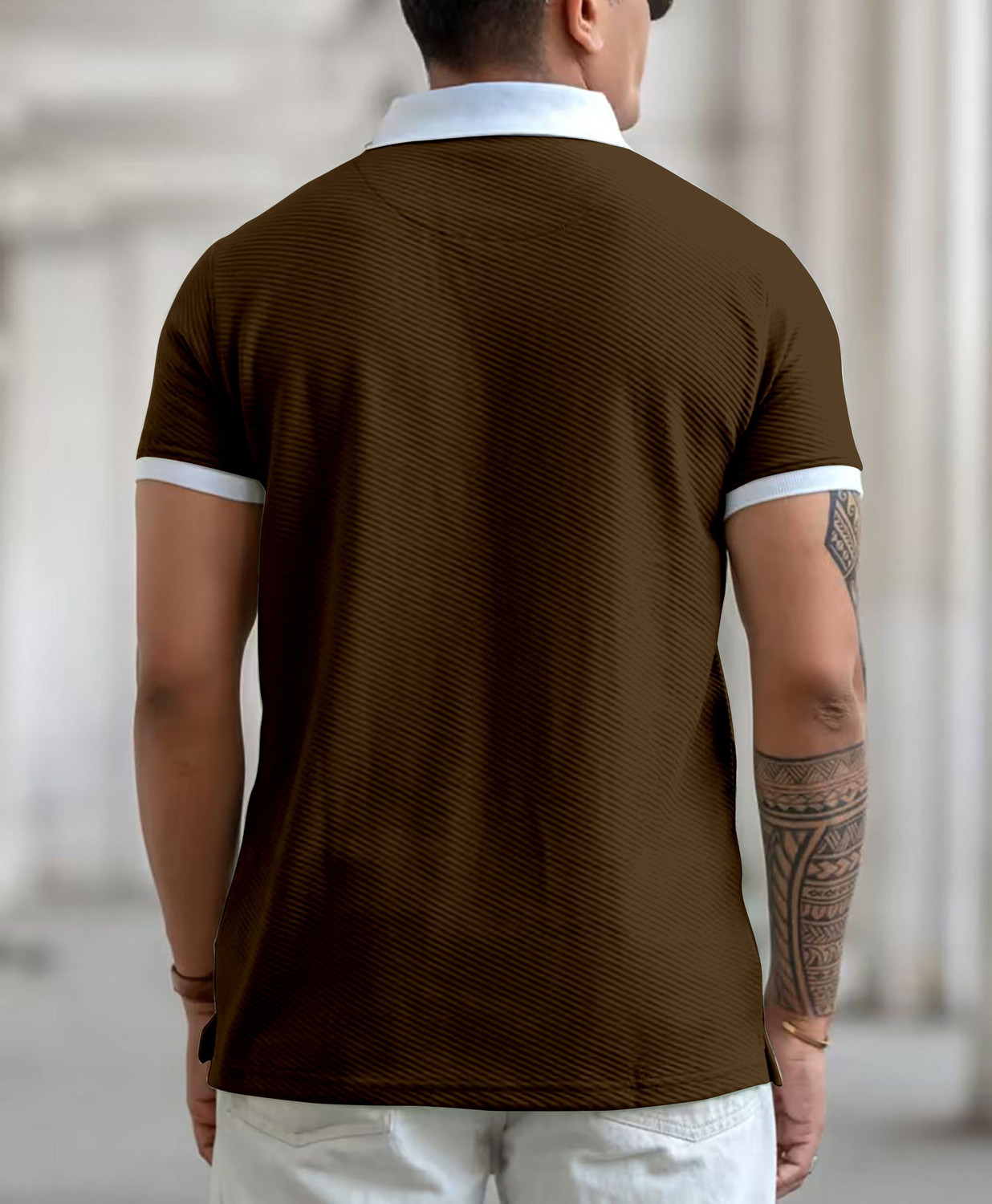 Image of COMBRAIDED Self Design Men Polo Neck Brown T-Shirt