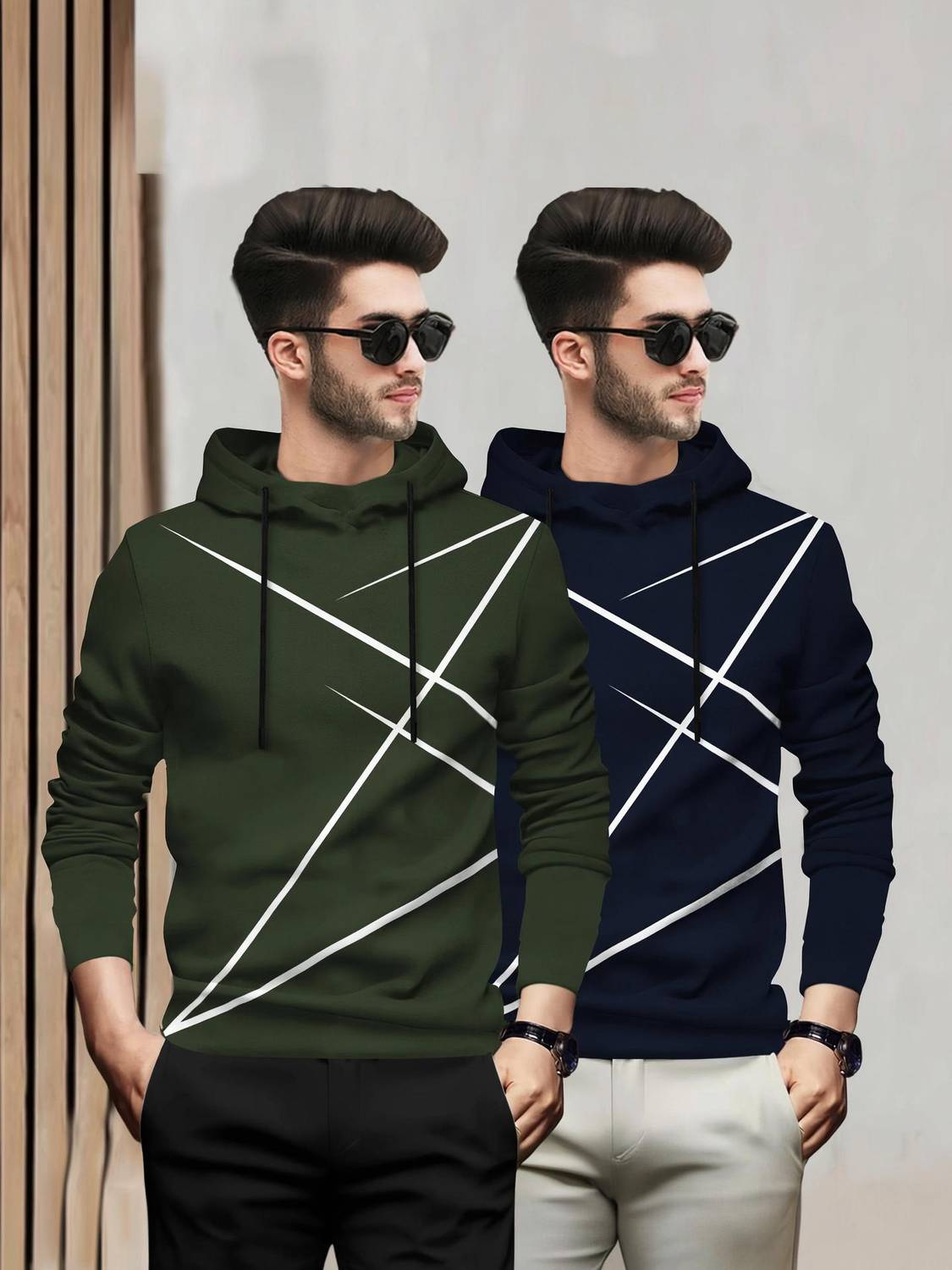 BLIVE Printed Men Hooded Neck Dark Green, Navy Blue T-Shirt