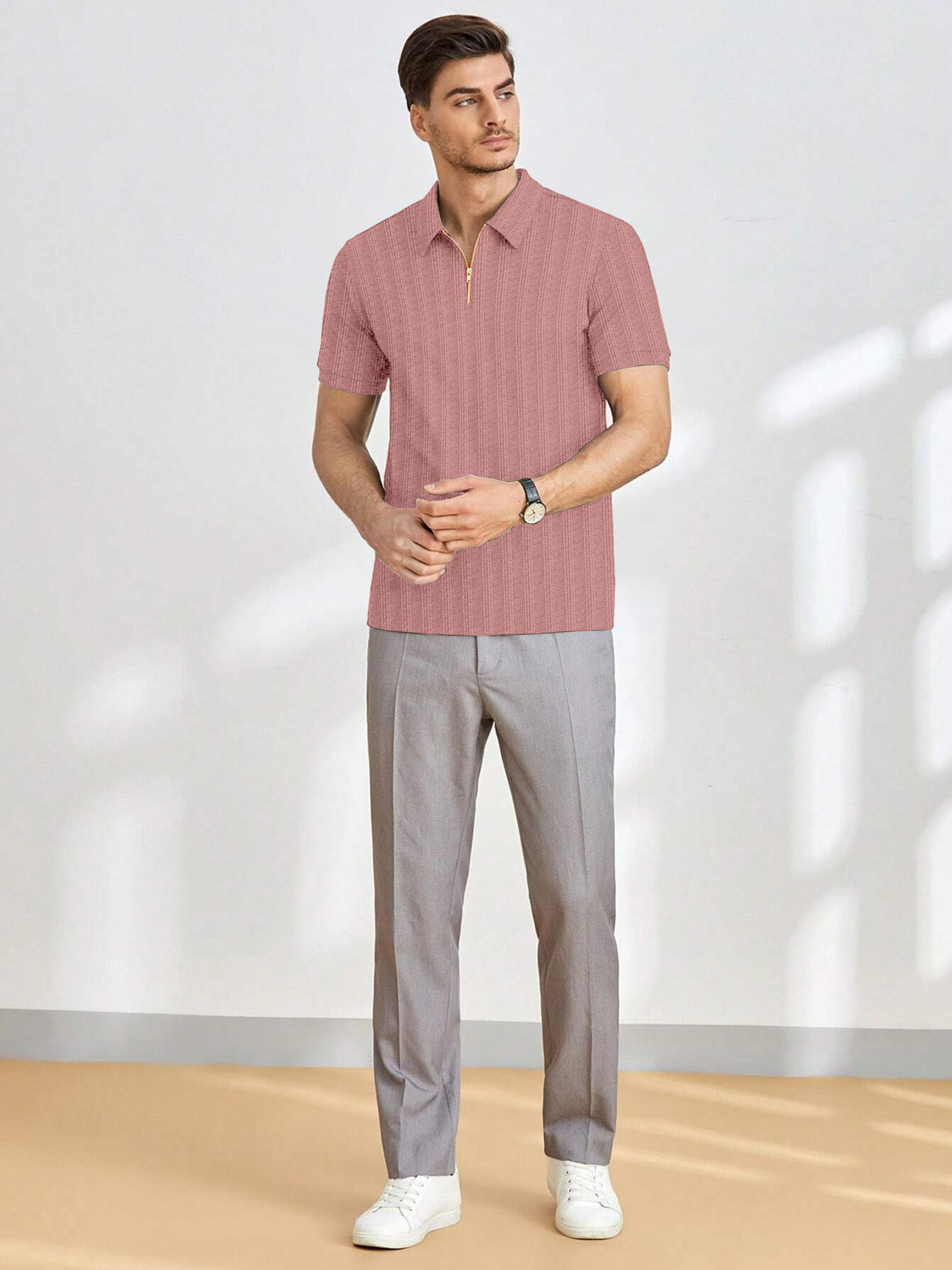 Image of COMBRAIDED Striped Men Zip Neck Pink T-Shirt
