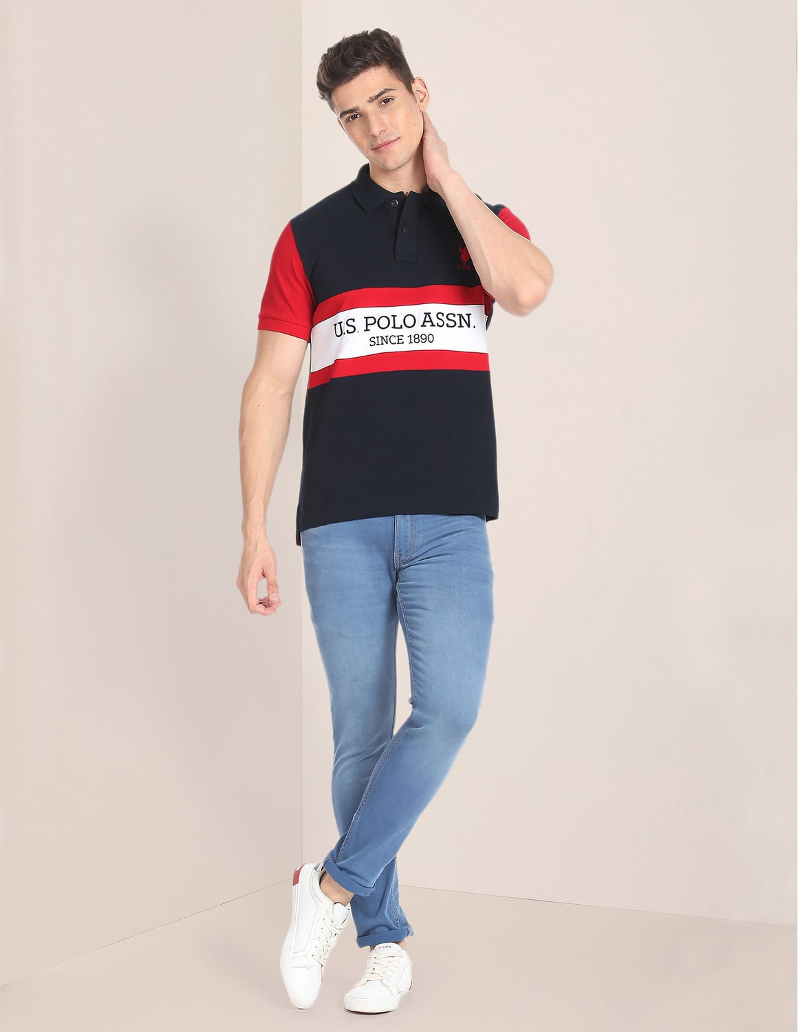 Image of U.S. POLO ASSN. Colorblock Men Polo Neck Blue T-Shirt