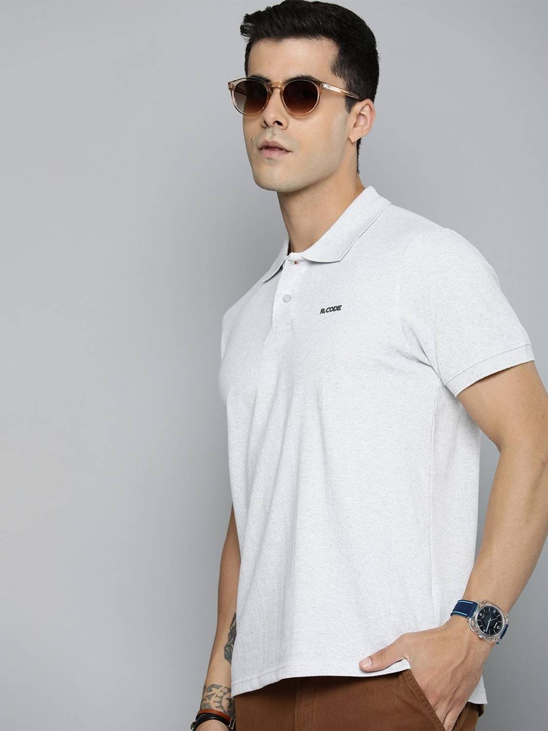 R.Code by The Roadster Life Co. Men Solid Polo Neck Polycotton Wh