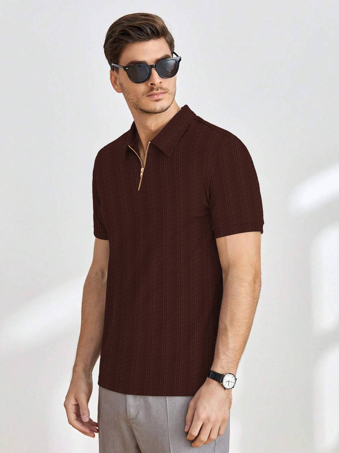 KAJARU Men Zip Neck Brown T-Shirt - Image 3