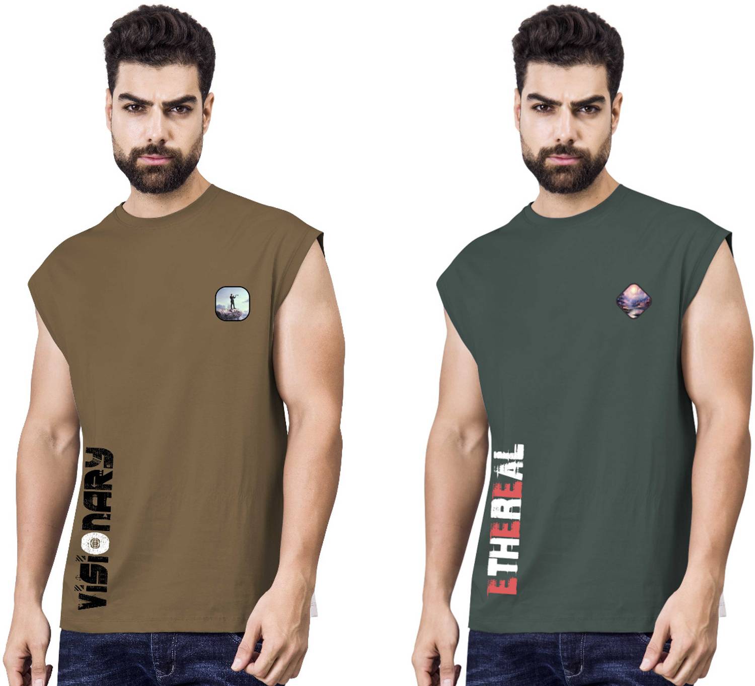 I&D Pack of 2 Men Graphic Print Round Neck Pure Cotton Multicolor