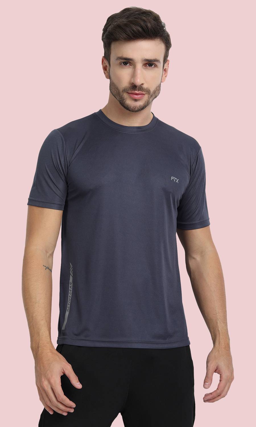FTX Men Solid Round Neck Polyester Grey T-Shirt
