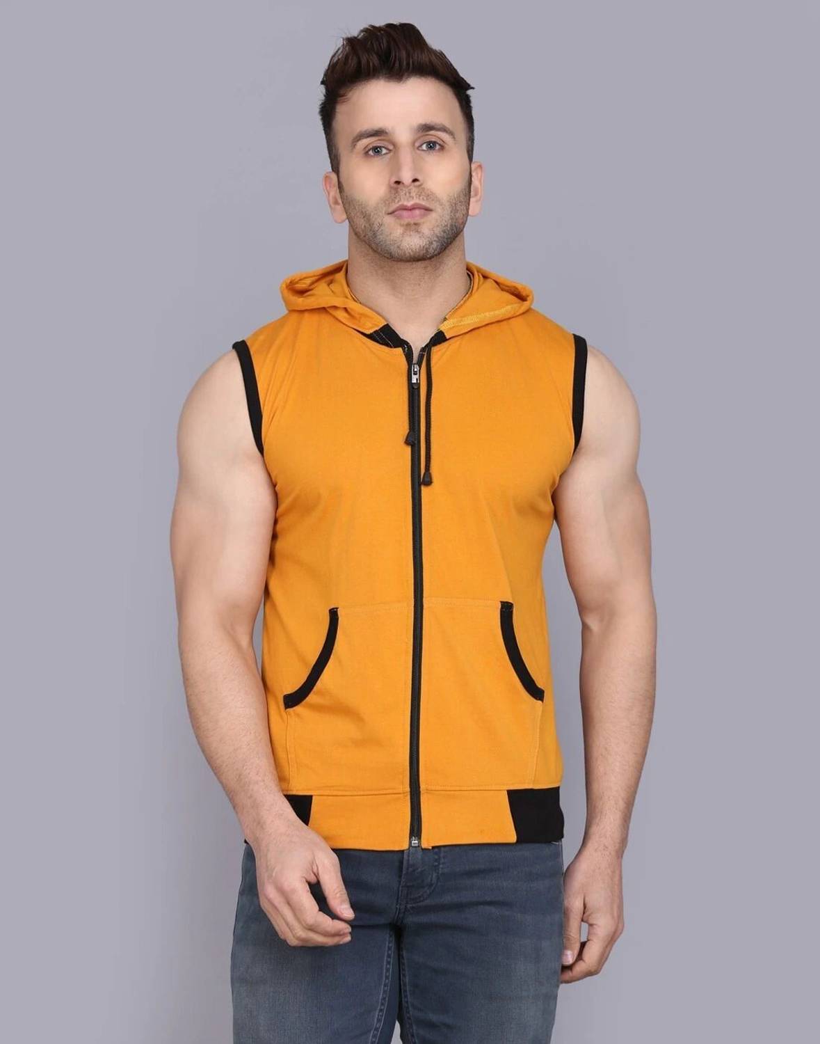 ELABOT Men Solid Hooded Neck Cotton Blend Black, Yellow T-Shirt