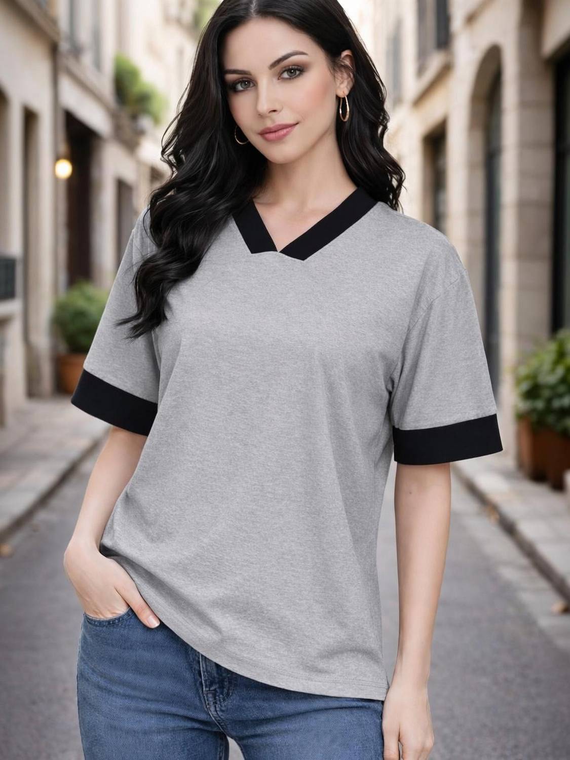 Adyavastram Solid Women V Neck Multicolor T-Shirt