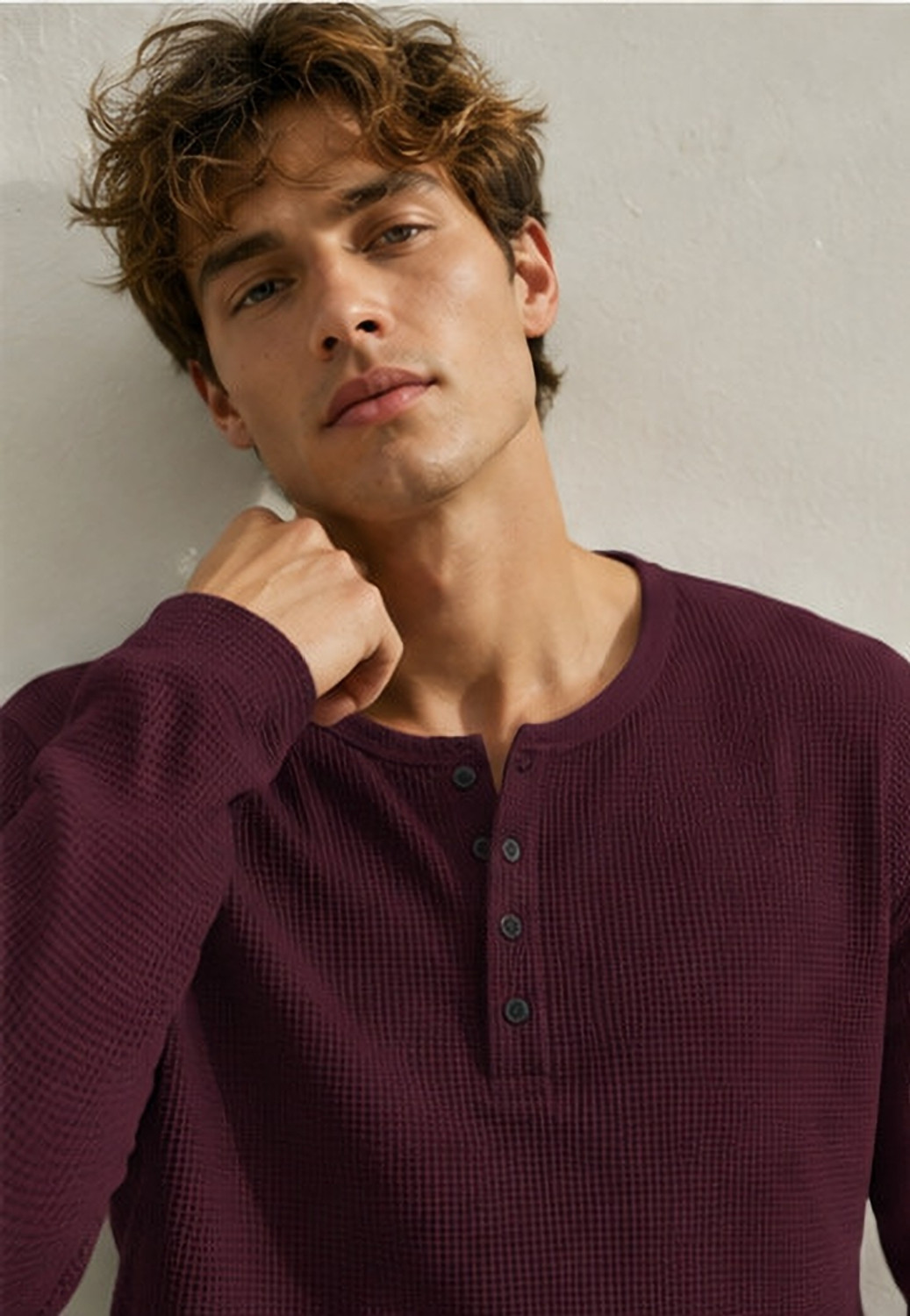 Image of NOOK Self Design Men Henley Neck Maroon T-Shirt