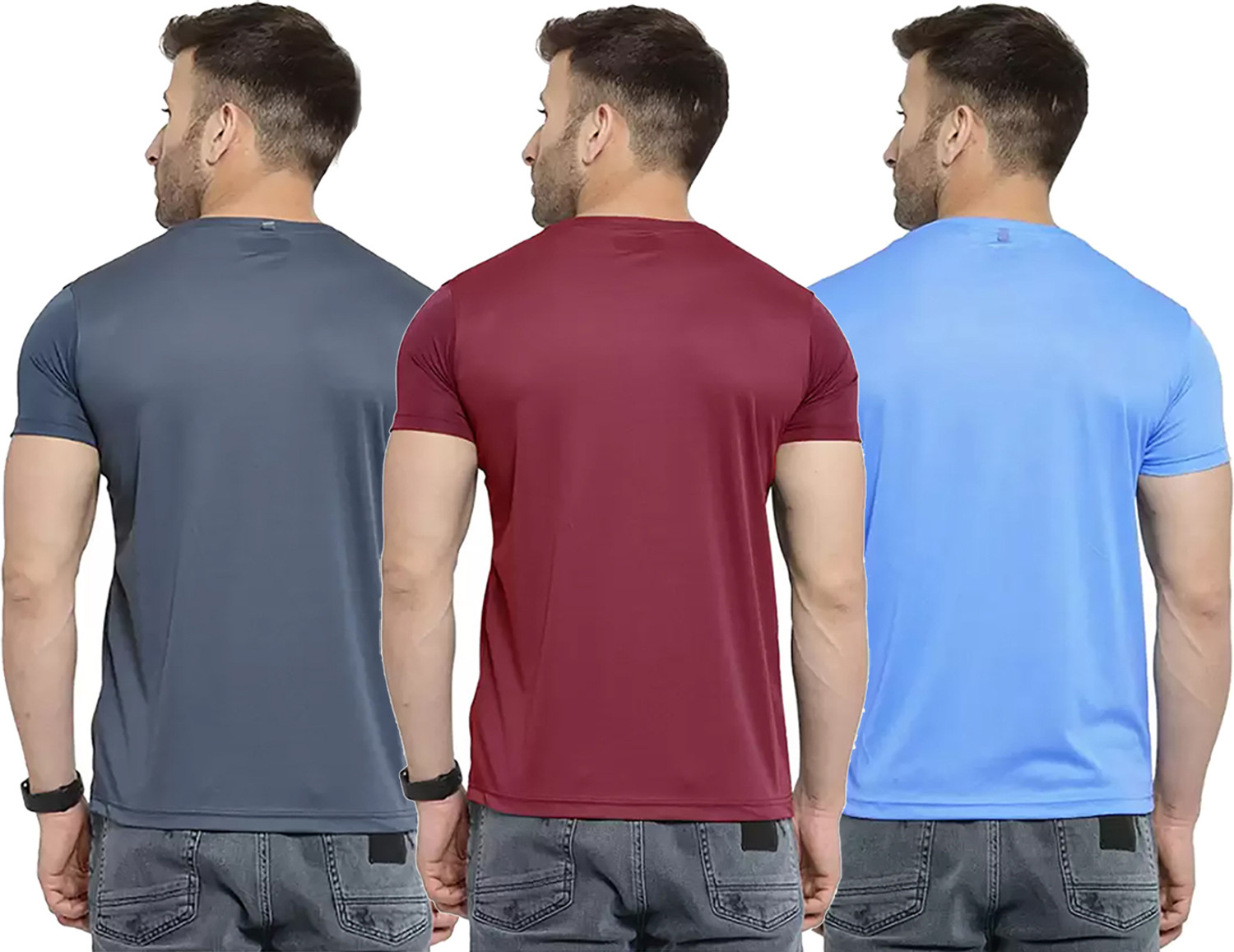 Image of Think Tech Solid Men Round Neck Grey, Maroon, Light Blue T-Shirt