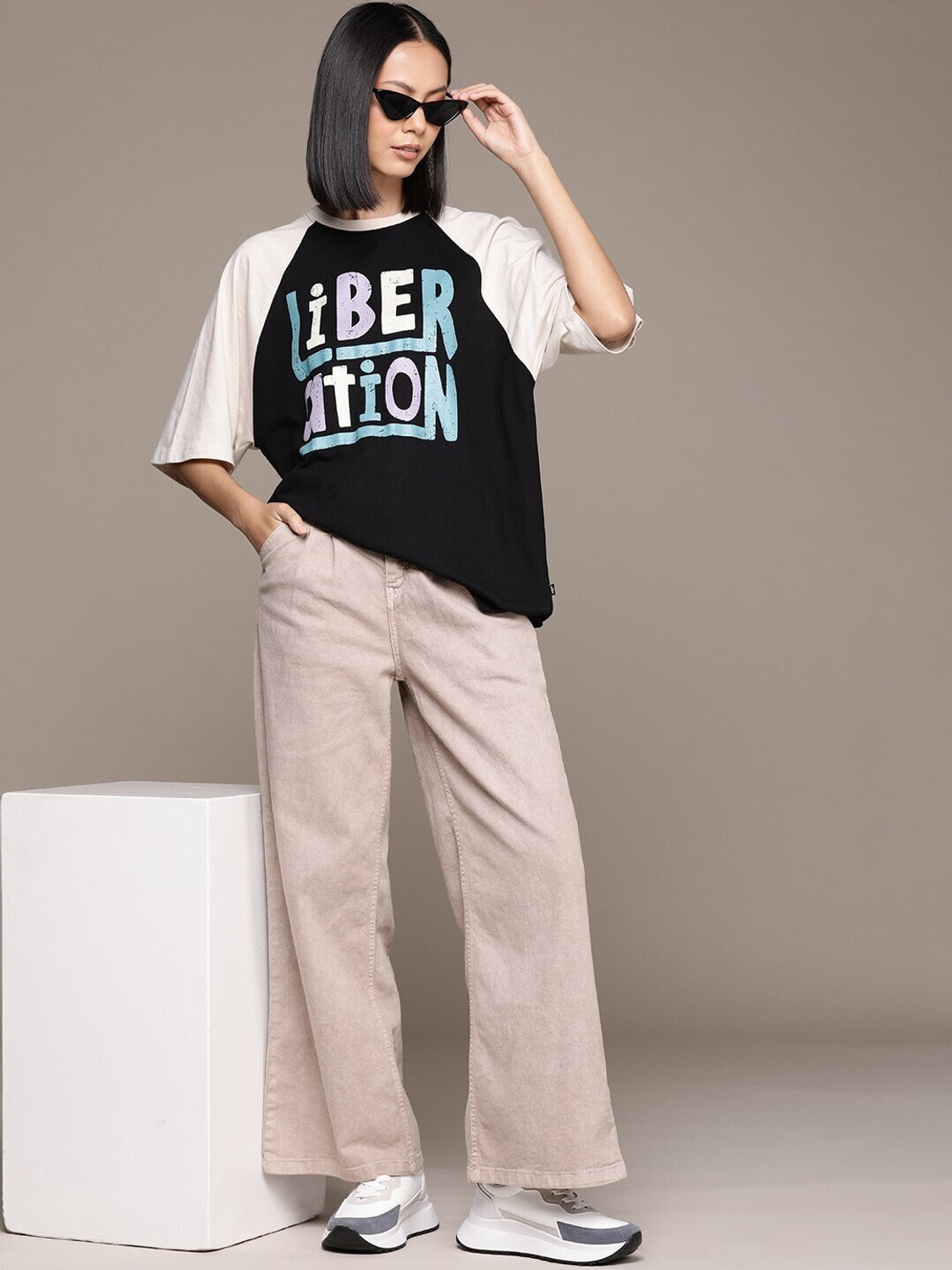 Image of Roadster Colorblock Women Round Neck Black T-Shirt