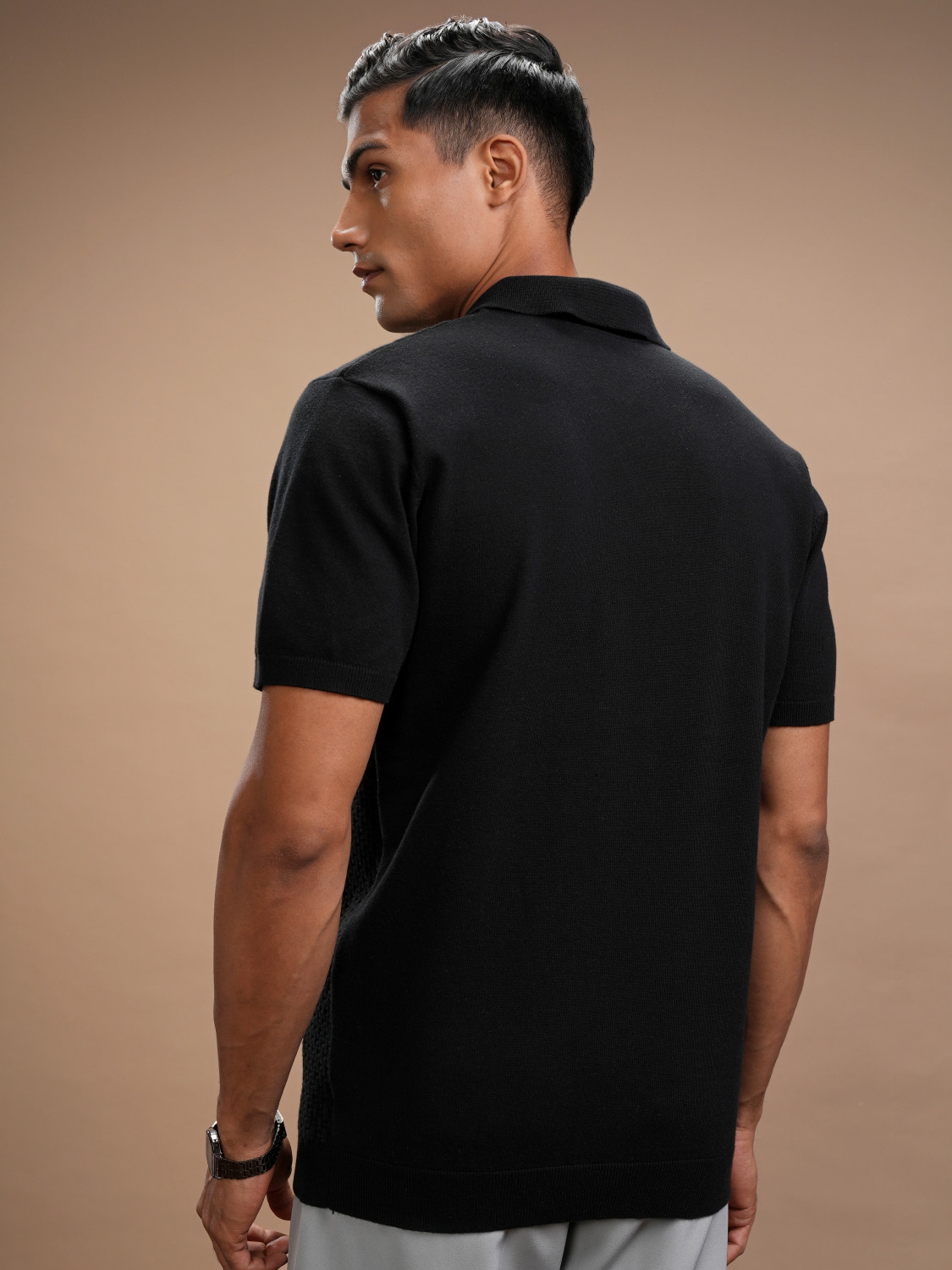 Image of HIGHLANDER Self Design Men Polo Neck Black T-Shirt