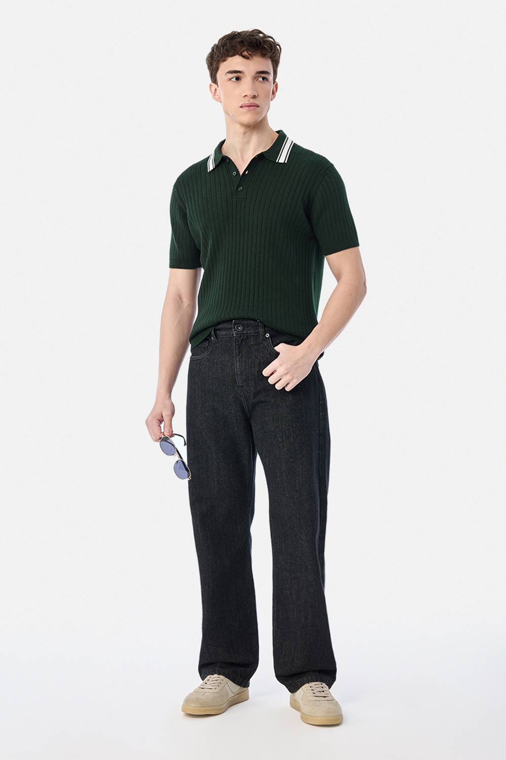 Men Solid Polo Neck Pure Cotton Green T-Shirt - Image 2