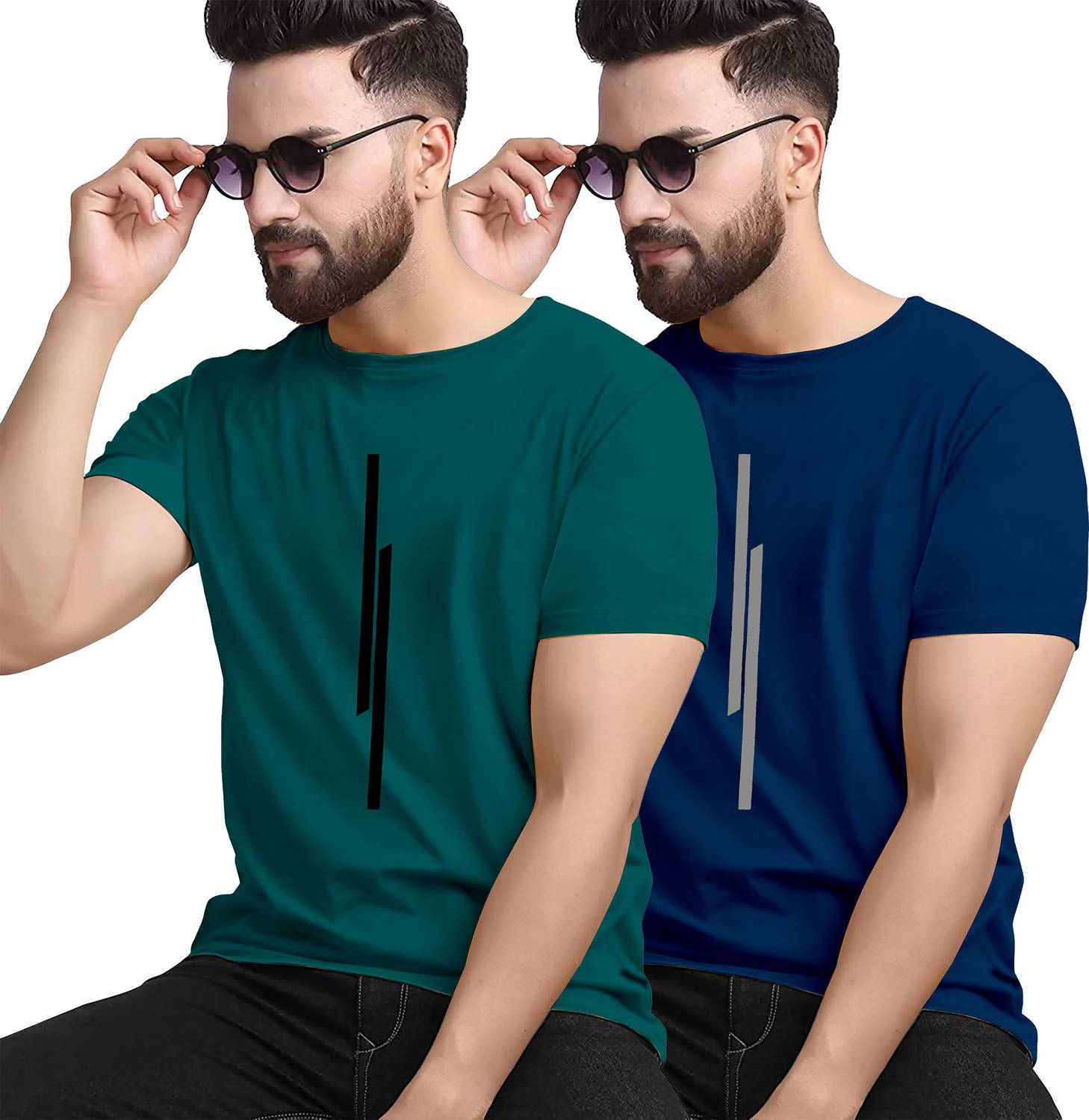 KAJARU Pack of 2 Men Striped Round Neck Polyester Dark Green, Dar