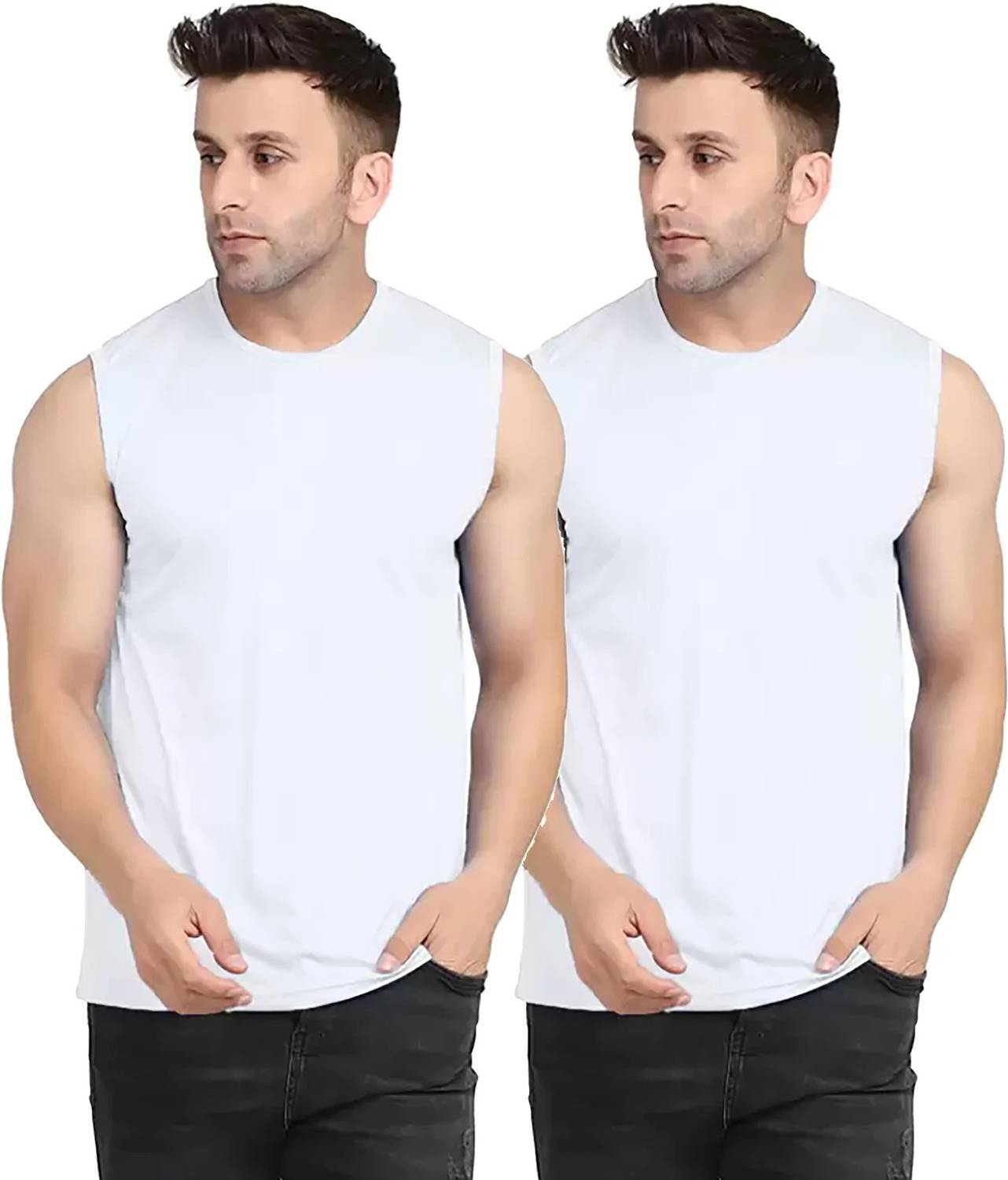 Renowned Pack of 2 Men Solid Round Neck Polyester White T-Shirt