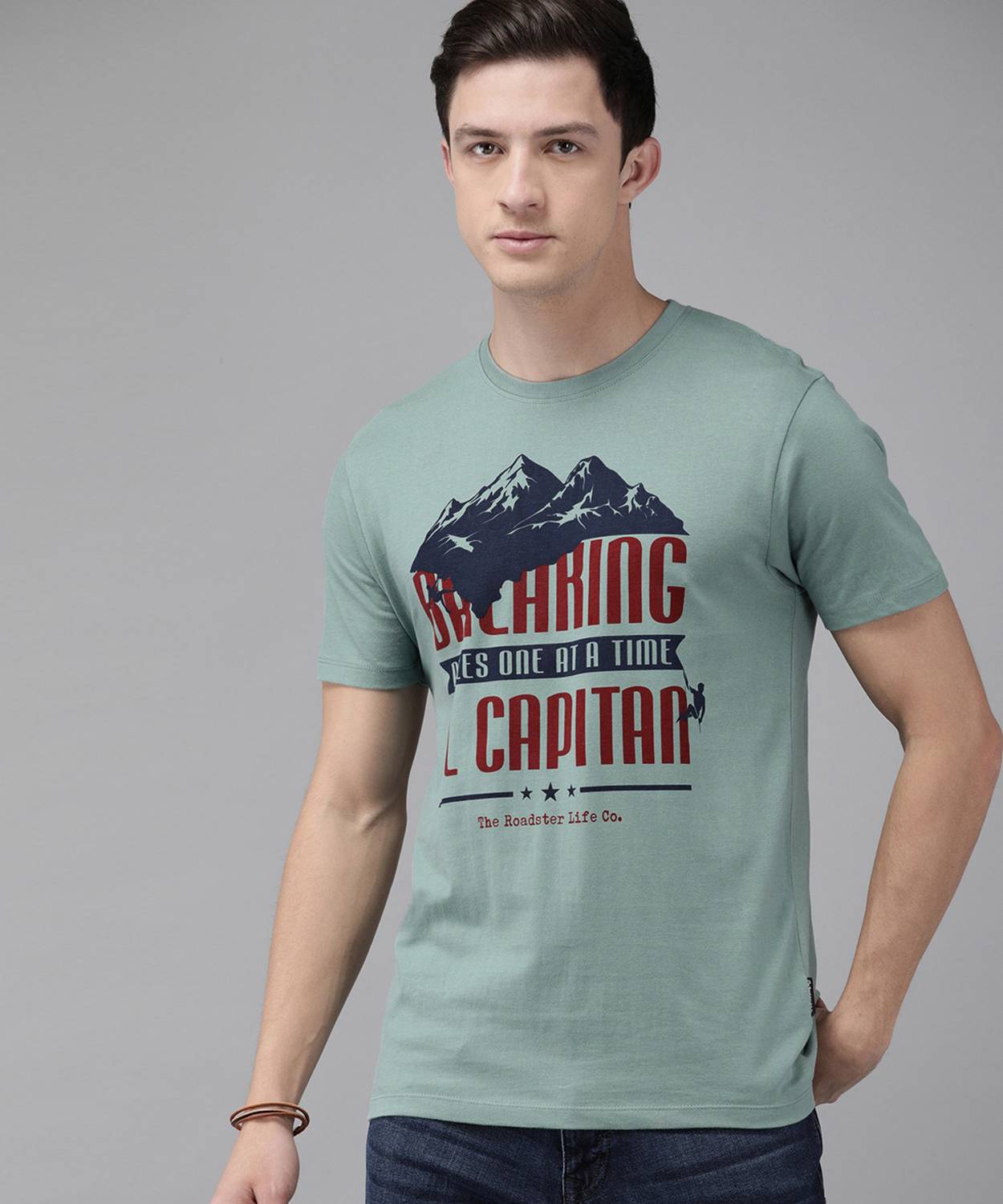 Roadster Men Printed Round Neck Pure Cotton Green T-Shirt