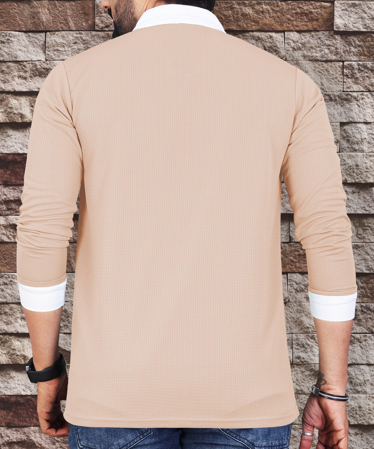 Image of VeBNoR Self Design Men Polo Neck Beige T-Shirt