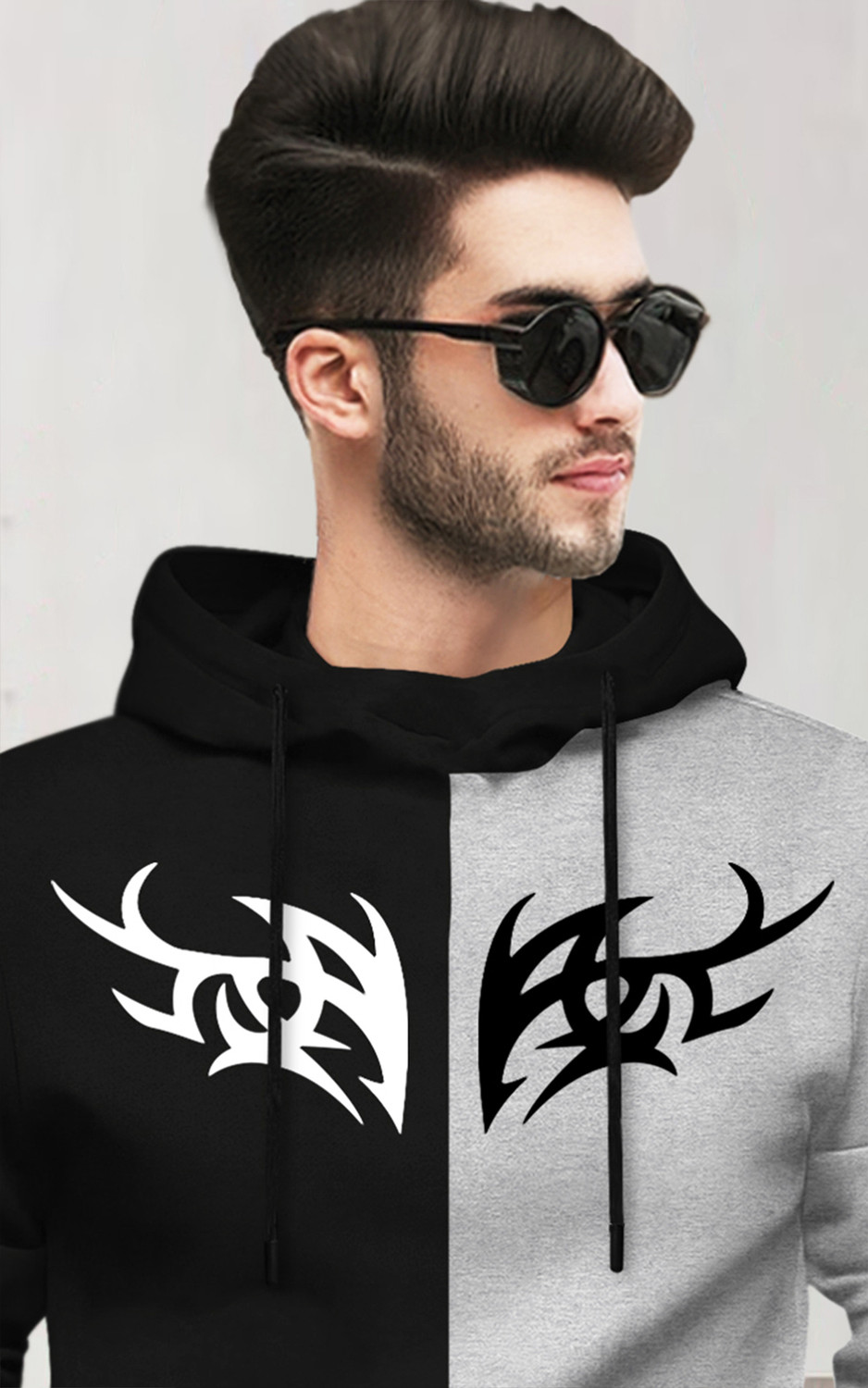Image of BLIVE Printed Men Hooded Neck Black, Grey T-Shirt