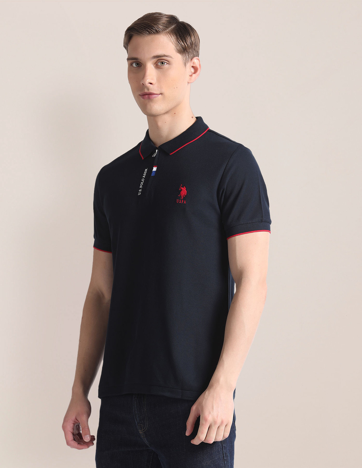Image of U.S. POLO ASSN. Solid Men Polo Neck Blue T-Shirt