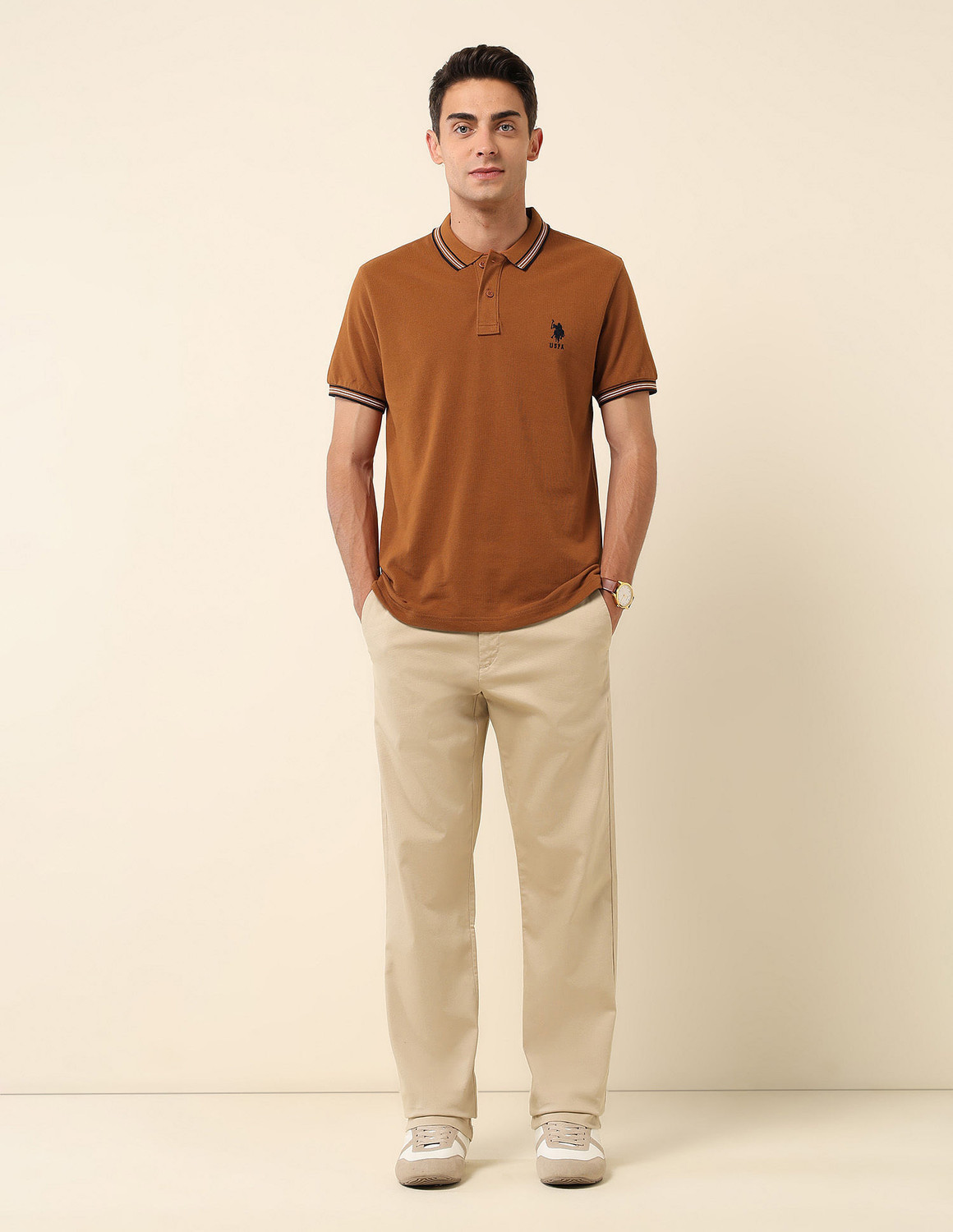 Image of U.S. POLO ASSN. Solid Men Polo Neck Brown T-Shirt