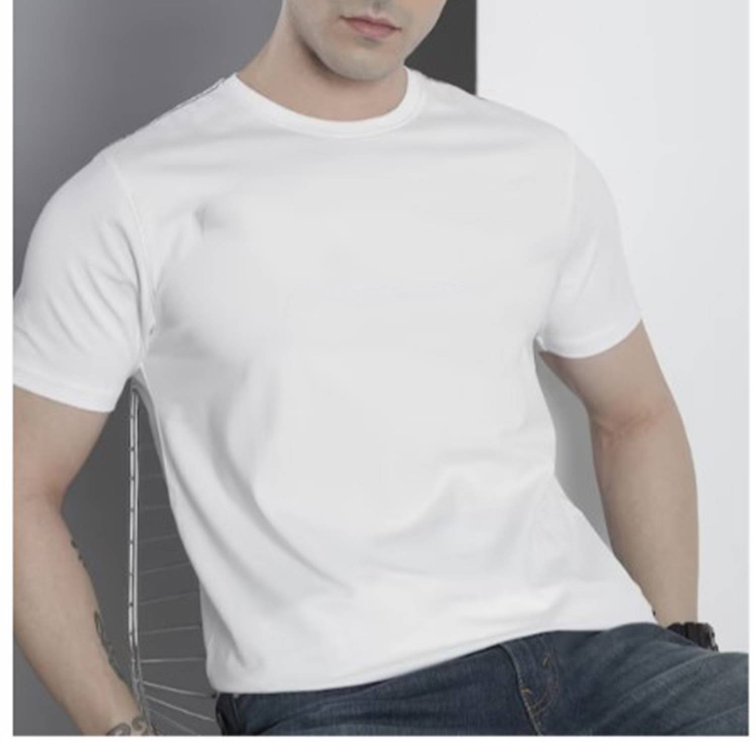KAEZRI Men Solid Round Neck Pure Cotton White T-Shirt