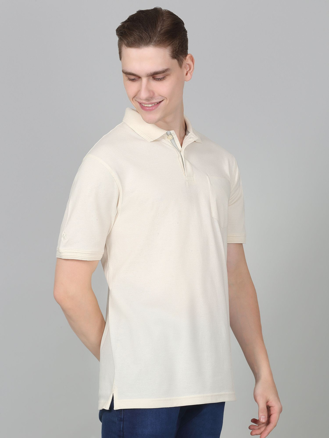 Image of CANTABIL Solid Men Polo Neck Beige T-Shirt