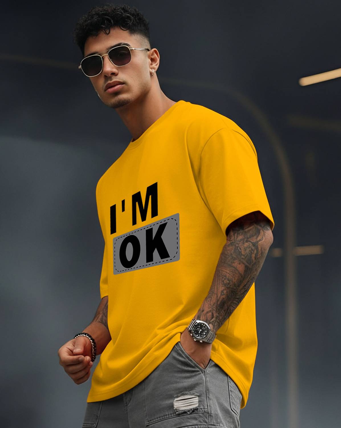 AUSK Printed Men Round Neck Yellow, Black T-Shirt