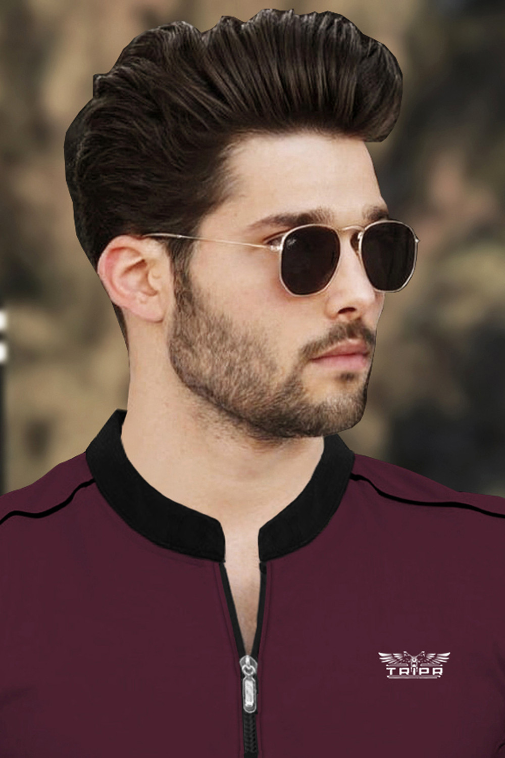 Image of TRIPR Printed Men Mandarin Collar Maroon, Black T-Shirt