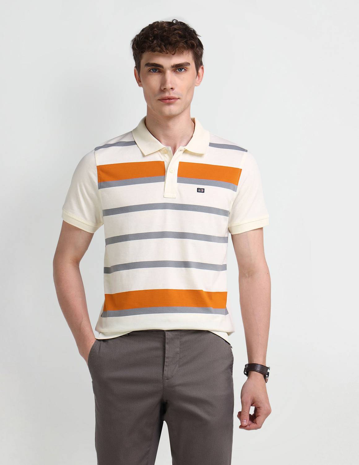 Arrow Sport Striped Men Polo Neck White T-Shirt