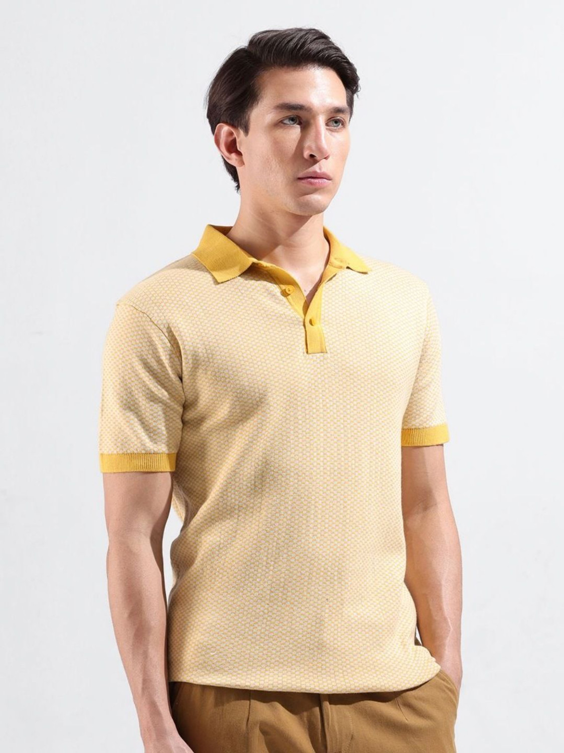 Image of The Indian Garage Co. Self Design Men Polo Neck Yellow T-Shirt