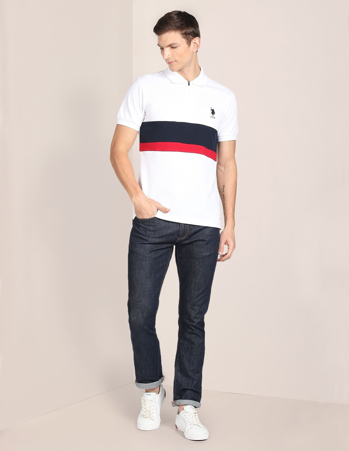 Image of U.S. POLO ASSN. Colorblock Men Polo Neck White T-Shirt