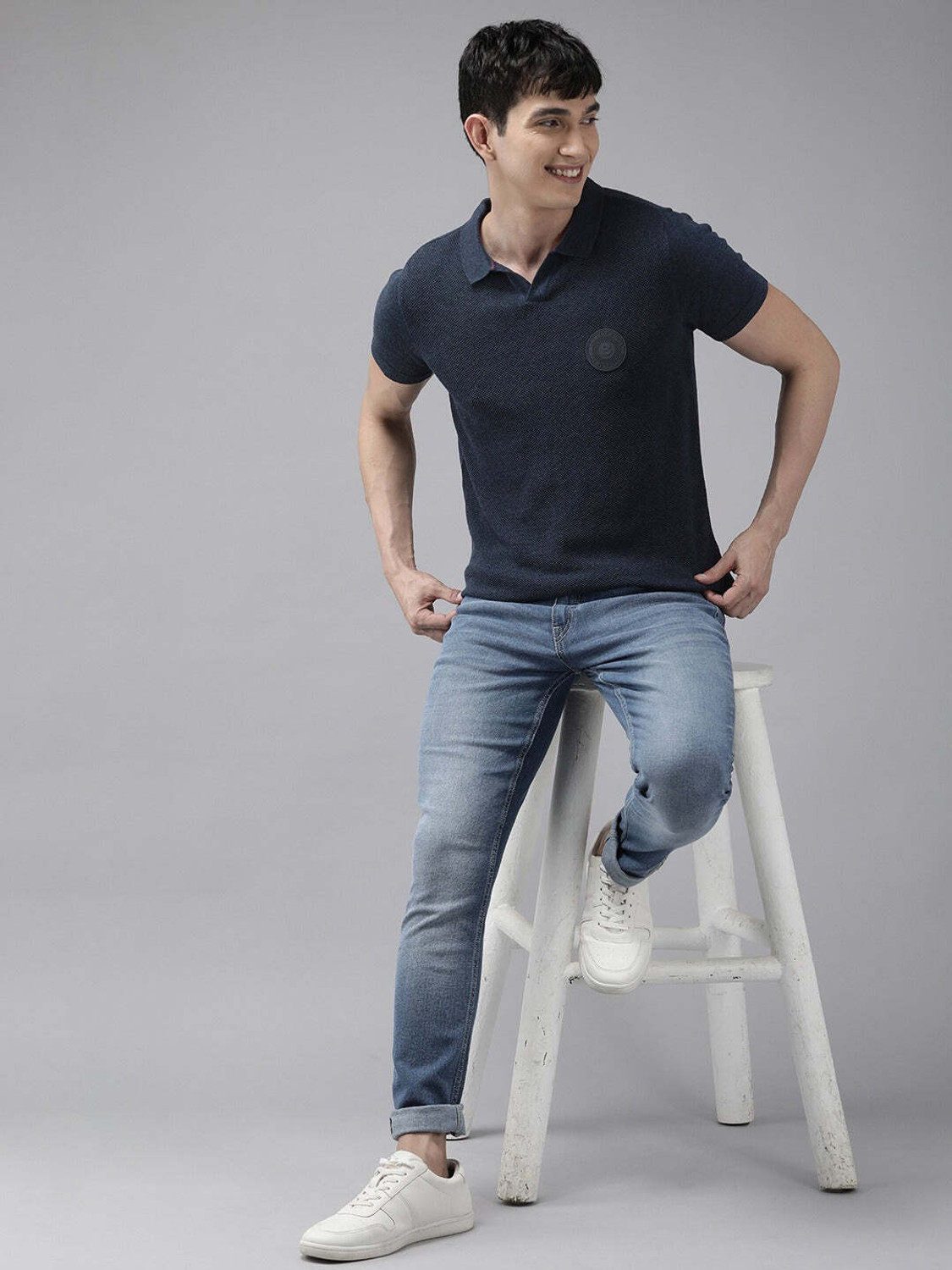 Image of THE BEAR HOUSE Self Design Men Polo Neck Blue T-Shirt