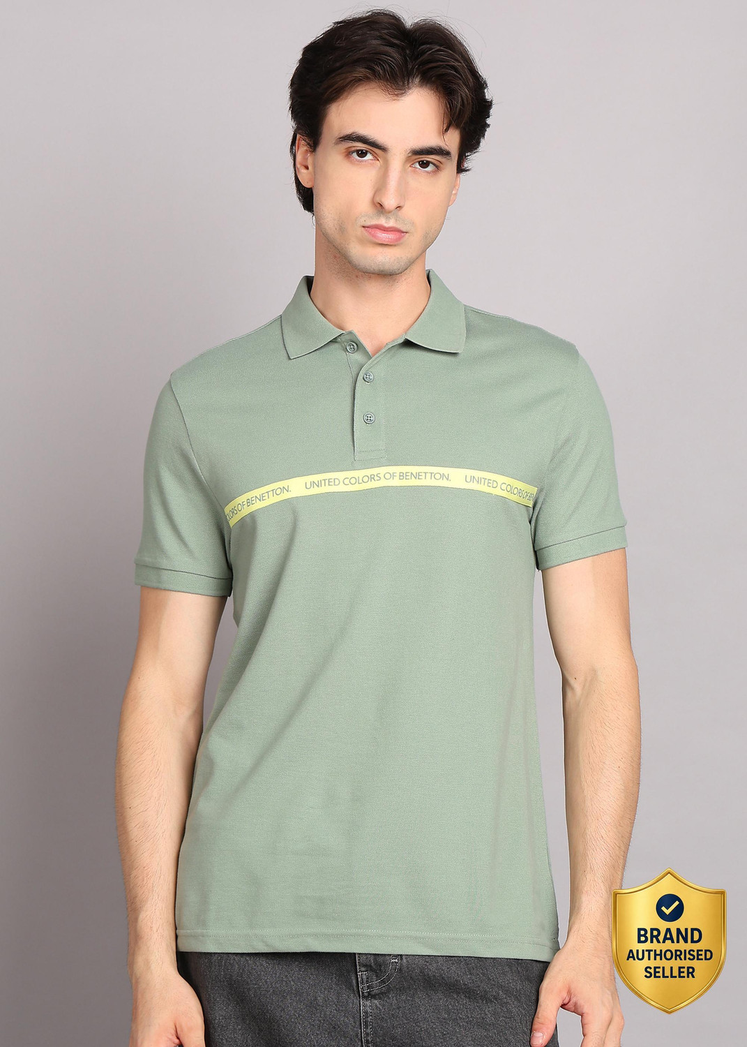 Image of United Colors of Benetton Printed Men Polo Neck Green T-Shirt