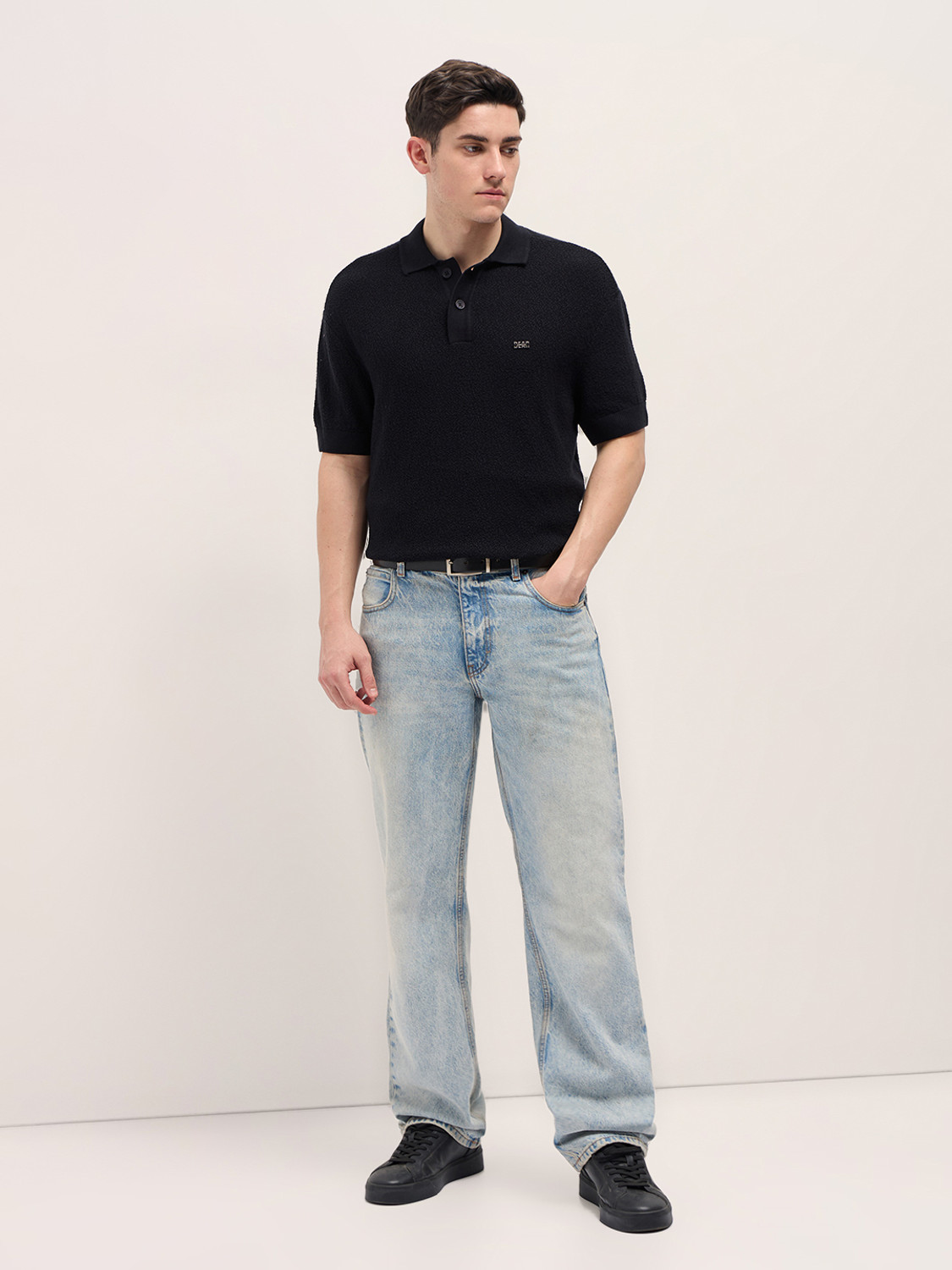 Image of THE BEAR HOUSE Solid Men Polo Neck Black T-Shirt