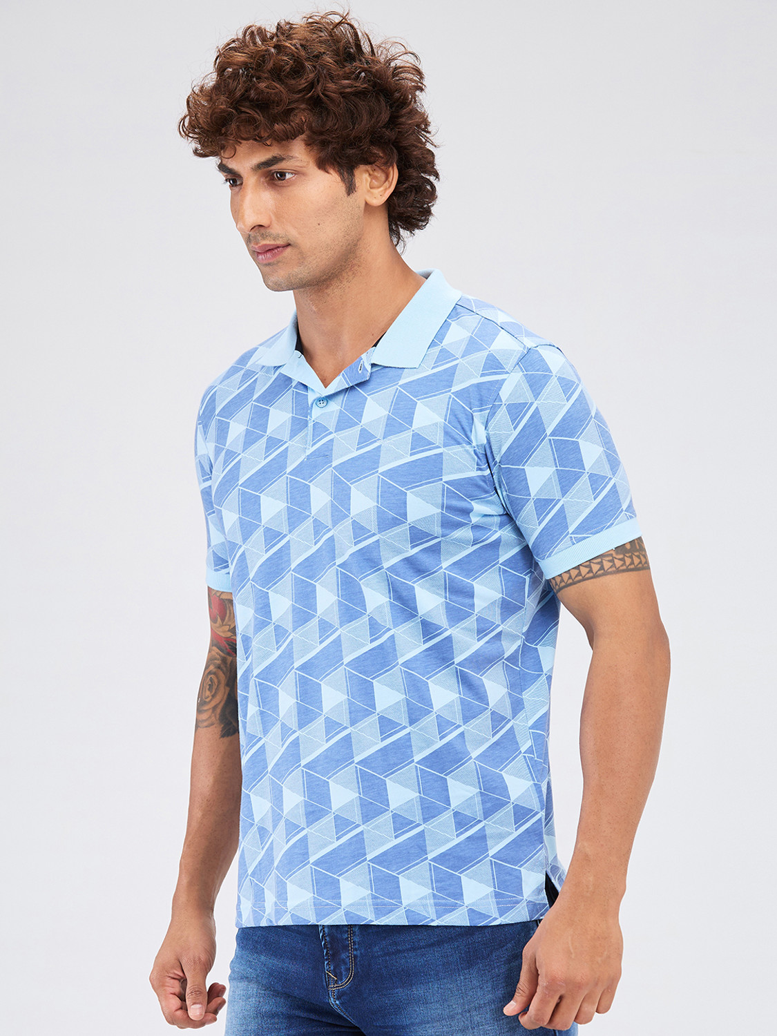 Image of PARK AVENUE Printed Men Polo Neck Blue T-Shirt