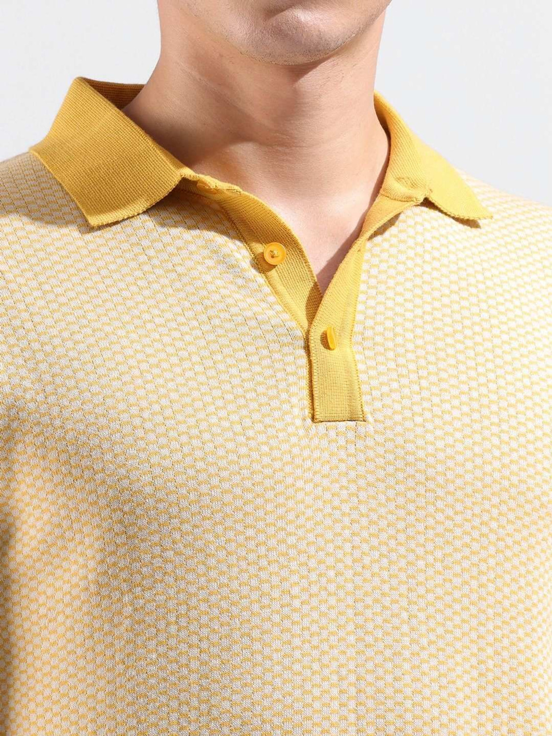 Image of The Indian Garage Co. Self Design Men Polo Neck Yellow T-Shirt