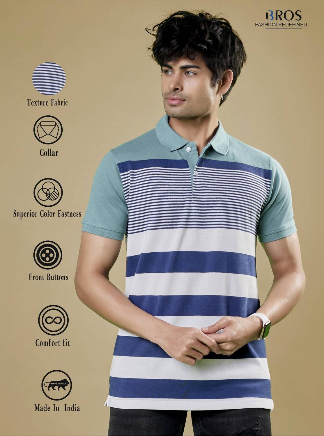 3BROS Striped Men Polo Neck Green T-Shirt
