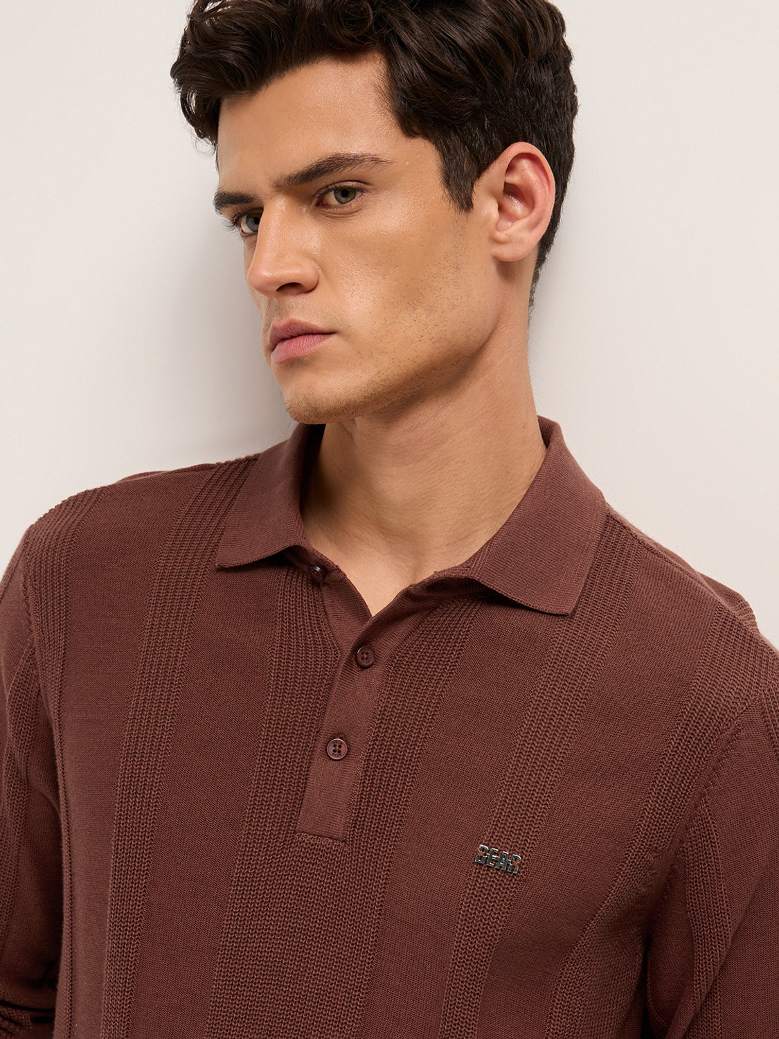 Image of THE BEAR HOUSE Striped Men Polo Neck Brown T-Shirt