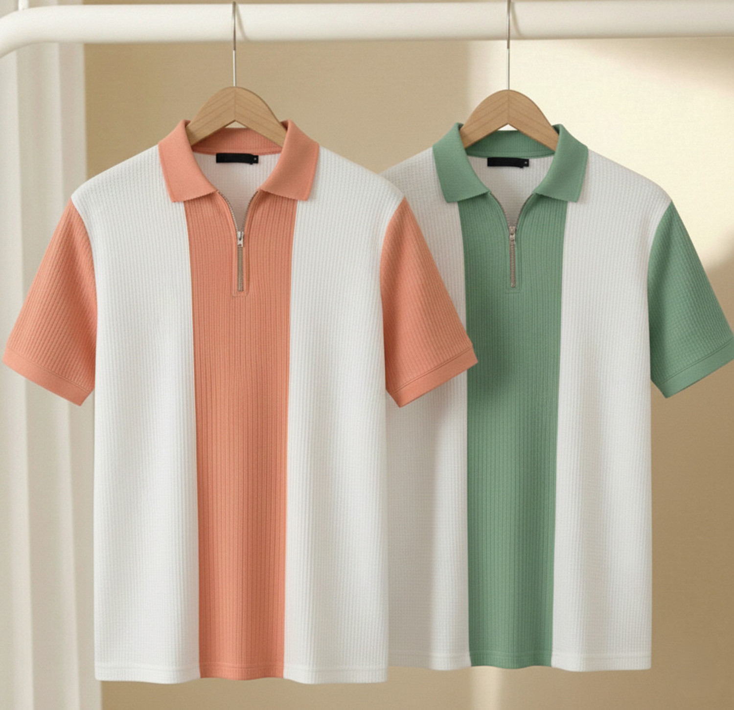 Image of Try This Colorblock Men Polo Neck Pink, Light Green T-Shirt
